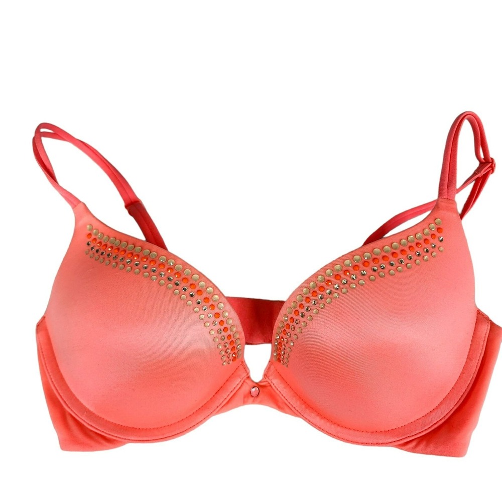 VS Victoria's Secret Very Sexy Push Up Bra Crystal Accents Coral Color Size 32C